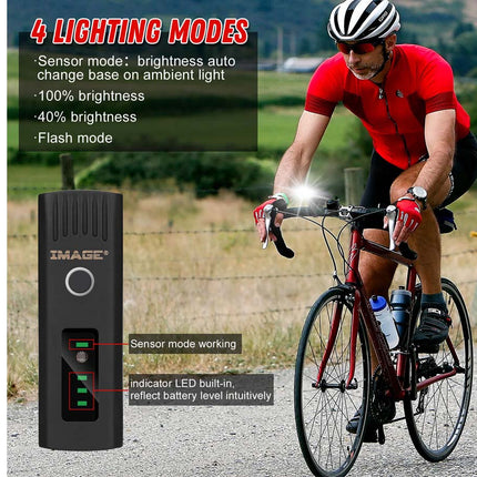 Bicycle light device with cycling scene and text on lighting modes