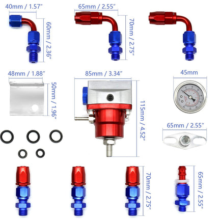 Fuel pump assembly with various components and dimensions labeled on a white background