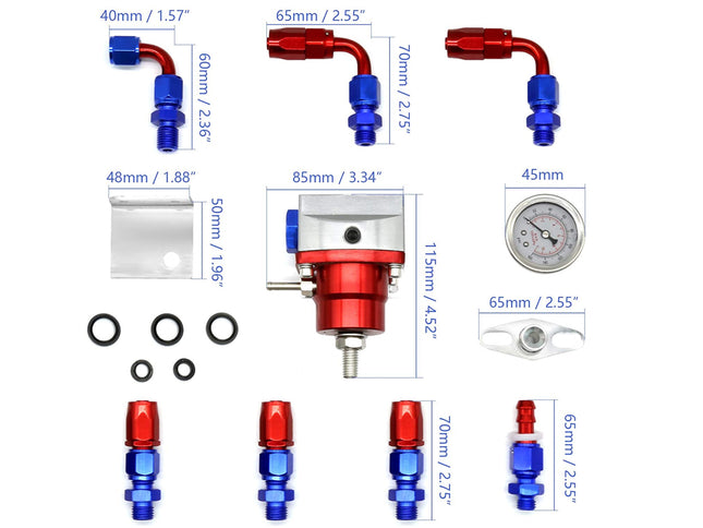 Fuel pump assembly with various components and dimensions labeled on a white background