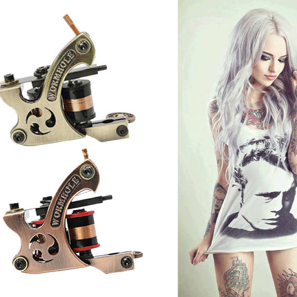 Two tattoo machines and a woman with tattoos on a white background