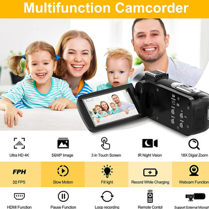 Multifunction camcorder with family photo on screen and feature icons below