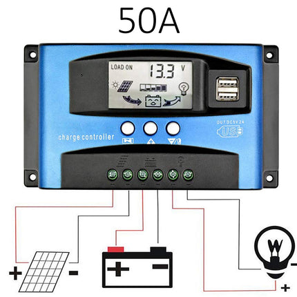 50A charge controller with digital display and wiring diagram on a white background