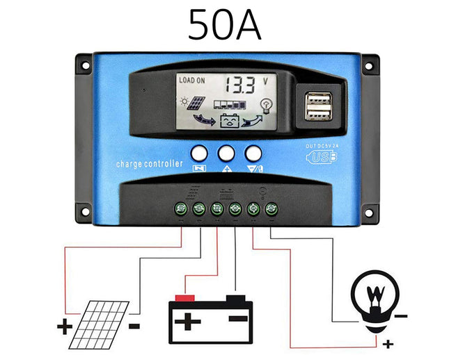 50A charge controller with digital display and wiring diagram on a white background