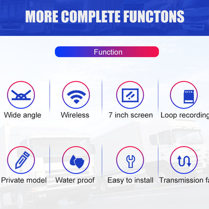 List of features with icons and text on a blue and white background
