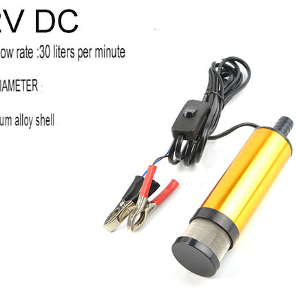 Yellow pump with 12V DC specifications on a white background