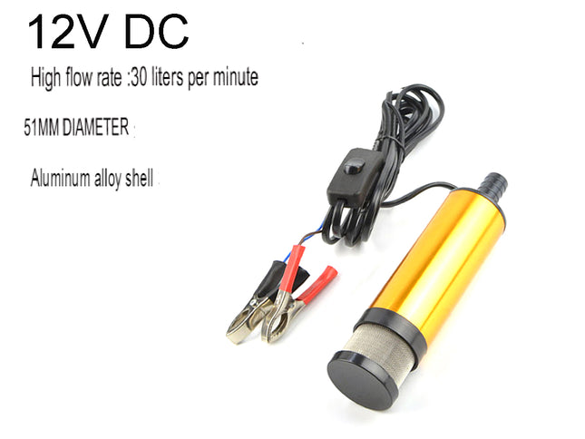 Yellow pump with 12V DC specifications on a white background