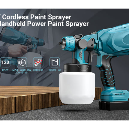 A cordless paint sprayer shown prominently in the foreground on a dark studio-style background, with a blurred inset of a person holding it in the upper left. Large text reads '120W Cordless Paint Sprayer' and '18V Handheld Power Paint Sprayer.