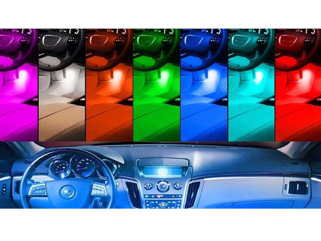 Car interior with LED lights in various colors