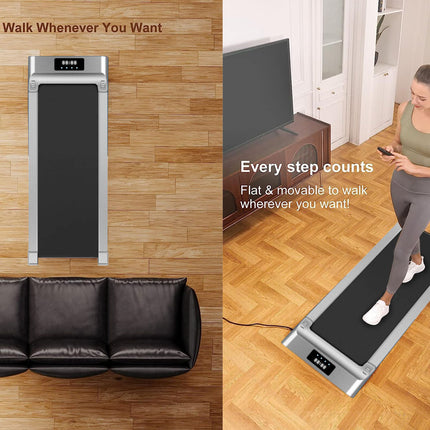 Portable treadmill on a wooden floor with a woman using it, and text highlighting its mobility.
