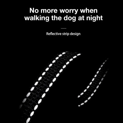 Reflective strip design for safety when walking the dog at night on a black background.