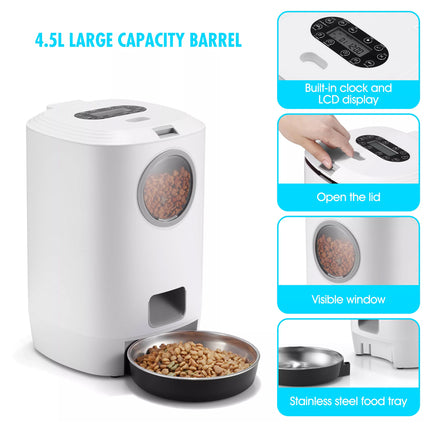 Pet food dispenser with features highlighted on a white background