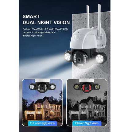 Smart dual night vision camera with features highlighted on a dark background