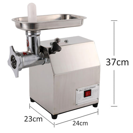 Stainless steel meat grinder with dimensions labeled on a white background