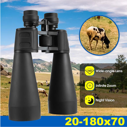 Black binoculars with features highlighted on a scenic background