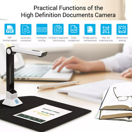 Document camera on a desk with text highlighting its features