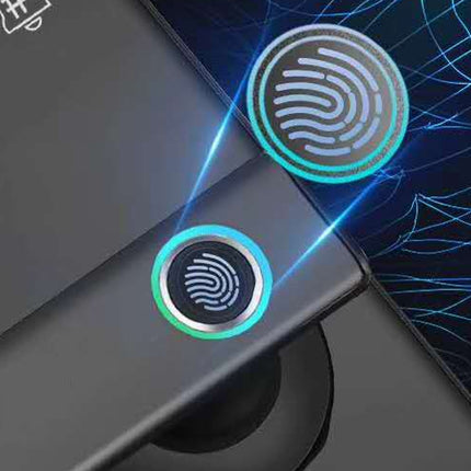 Fingerprint sensor on a smartphone screen with a blue and black background