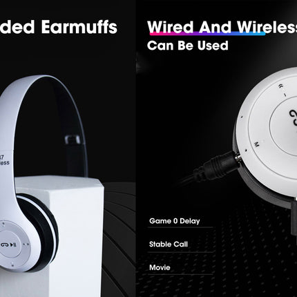 Two pairs of headphones, one wired and one wireless, on a black background with text indicating their features.