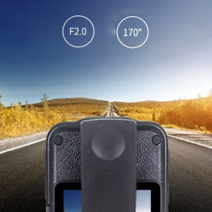 Camera lens with specifications on a scenic road background