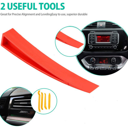 A red plastic alignment tool shown on a white background with two circular inset photos demonstrating its use on a car dashboard and air vents, plus a small inset showing yellow accessories.