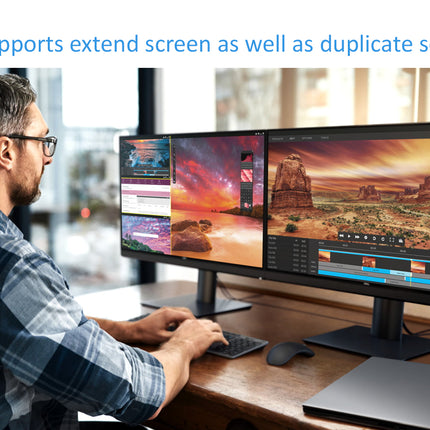 A man wearing glasses sits at a wooden desk using a dual-monitor computer setup in a bright office. Blue text at the top reads, 'It supports extend screen as well as duplicate screen.