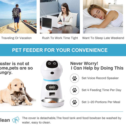 Advertisement for a pet feeder with images of a dog, people at different times of the day, and text about the product's features.