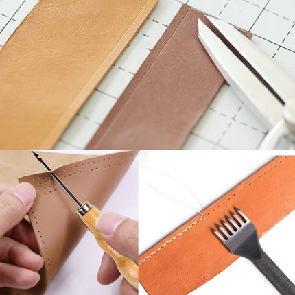 A three-panel collage showing leatherworking tools in use: a top panel with tan and brown leather strips and scissors on a cutting mat, a middle-left panel with hands using a leather punch tool on tan leather, and a middle-right panel showing an orange leather strip with stitching and a black leather fork tool.