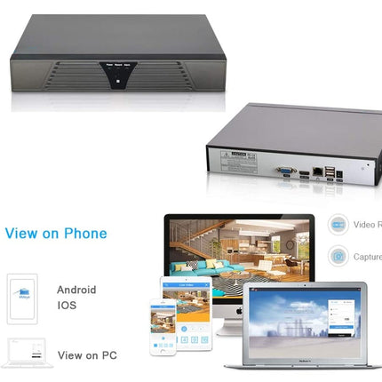 Security system components with smartphone and laptop display on a white background