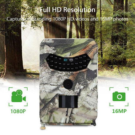 Camouflage camera trap with forest background and text about full HD resolution.