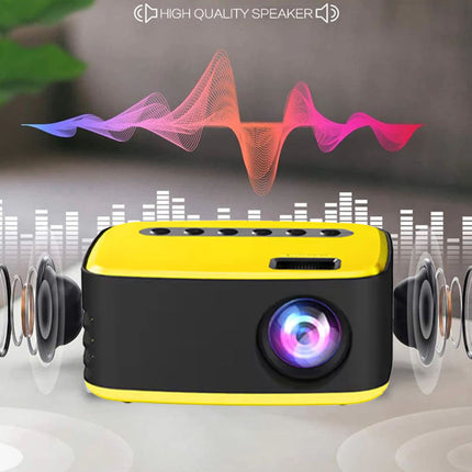 Yellow and black speaker with sound wave and equalizer graphic on a gray background