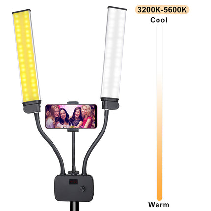 A dual LED light panel with a smartphone mounted in the center, shown on a white background with a vertical temperature scale labeled 3200K-5600K Cool to Warm.