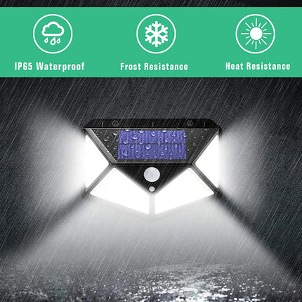 Solar light with waterproof, frost resistance, and heat resistance features on a raindrop background.