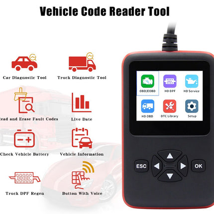 Vehicle code reader tool with diagnostic functions on a white background