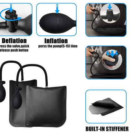 Black tire pressure pump set with a hand pump bulb, carrying handle, and built-in stiffer section, shown alongside instructional panels for deflation and inflation.