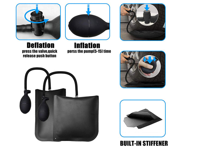 Black tire pressure pump set with a hand pump bulb, carrying handle, and built-in stiffer section, shown alongside instructional panels for deflation and inflation.
