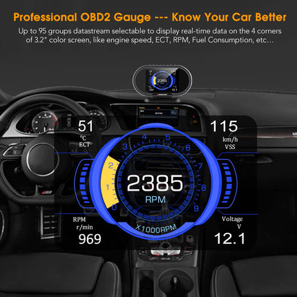 Car dashboard with a professional OBD2 gauge displaying real-time data.