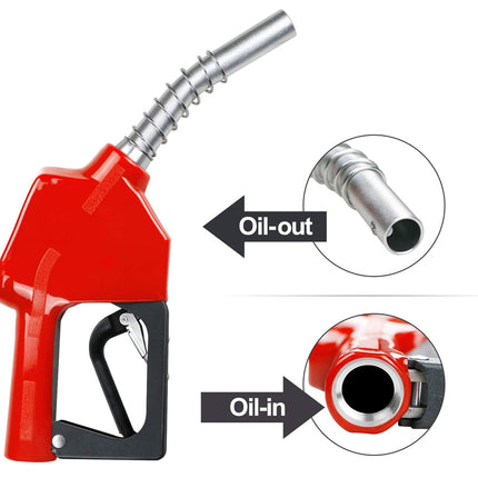 Red fuel nozzle with oil-out and oil-in features on a white background