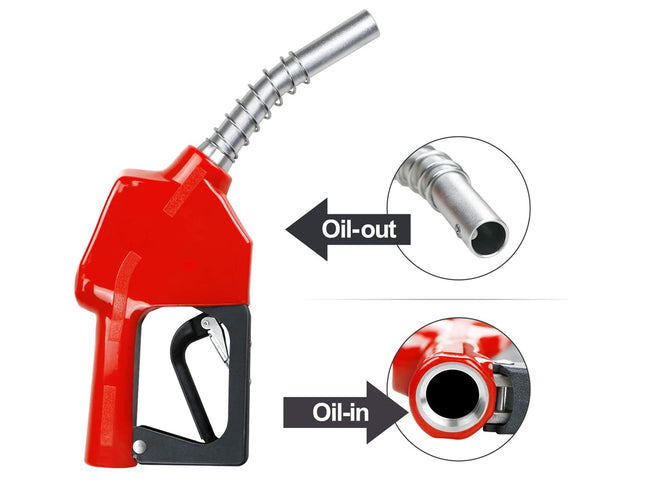 Red fuel nozzle with oil-out and oil-in features on a white background
