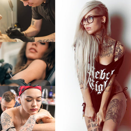 Collage of a tattoo artist at work and a model with tattoos.