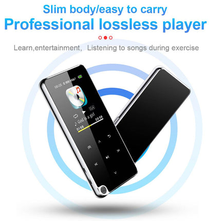 A slim black portable music player shown from two angles on a white background with blue graphic rings and promotional text reading 'Slim body/easy to carry' and 'Professional lossless player.'.