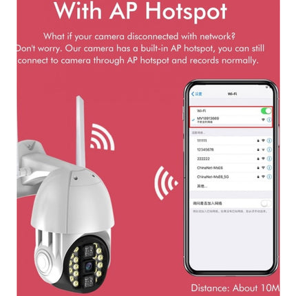 A promotional graphic for a white and black security camera with a wireless AP hotspot feature, shown alongside a smartphone displaying the connected app interface on a pink background.