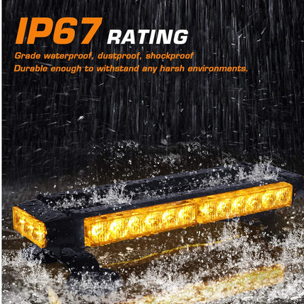 An illuminated amber warning light bar shown in a dramatic rain-and-splash scene with text reading 'IP67 RATING' and a short descriptive line about waterproof, dustproof, and shockproof performance.