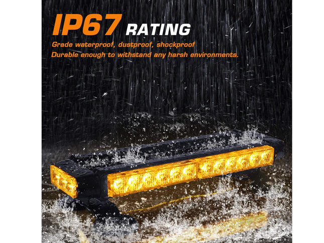 An illuminated amber warning light bar shown in a dramatic rain-and-splash scene with text reading 'IP67 RATING' and a short descriptive line about waterproof, dustproof, and shockproof performance.