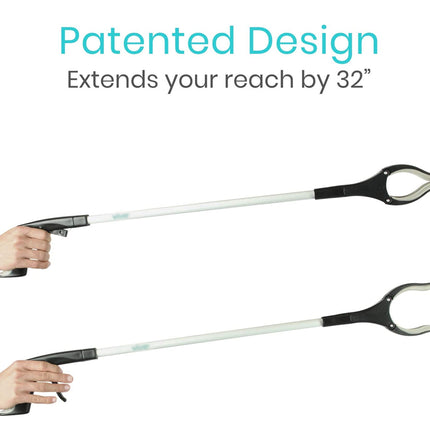 Two extendable reach tools with a hand holding one, on a white background with text about patented design and reach extension.