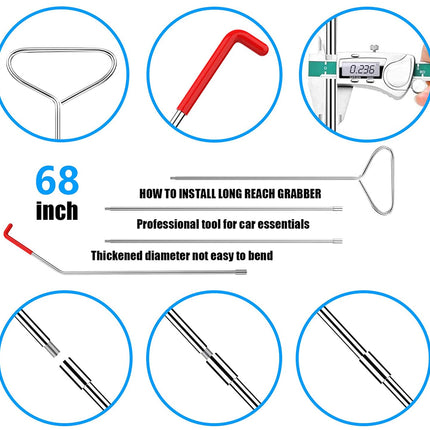 A product infographic for a 68-inch long-reach car grabber tool. The graphic features six circular diagrams showing the tool's T-shaped handle, a red installation wrench, a caliper measurement, and close-ups of the thickened metal shafts.