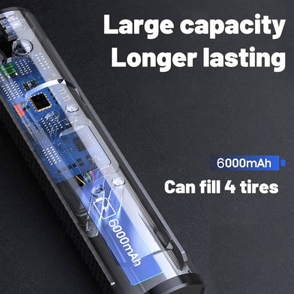 A cylindrical transparent electric scooter battery pack with a blue internal circuit board, shown on a dark background with promotional text reading 'Large capacity Longer lasting', '6000mAh', and 'Can fill 4 tires'.