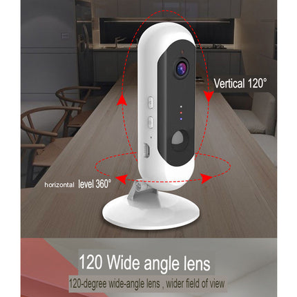 White security camera on a table with labeled angles in a kitchen setting