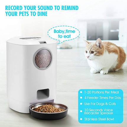 Pet feeder with a cat next to it, featuring text about recording sounds to remind pets to eat.