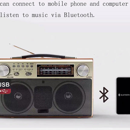 Vintage-style boombox with Bluetooth and USB connectivity on a white background
