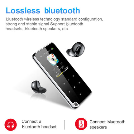 A promotional graphic for a Bluetooth music player with three floating black earbuds on a white background. Text at the top reads 'Lossless bluetooth' and includes small usage icons at the bottom for connecting a Bluetooth headset and Bluetooth speakers.