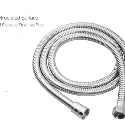 Stainless steel shower hose on a white background with text about electroplated surface and rust resistance.